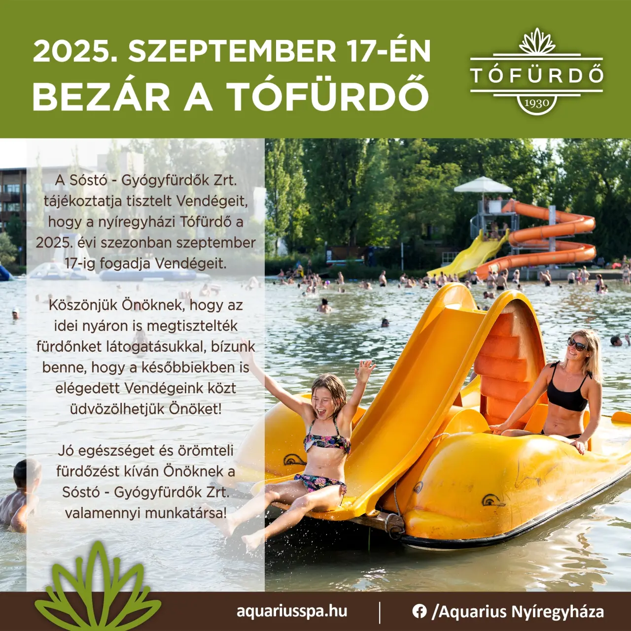 2025. szeptember 17-én bezár a Tófürdő!