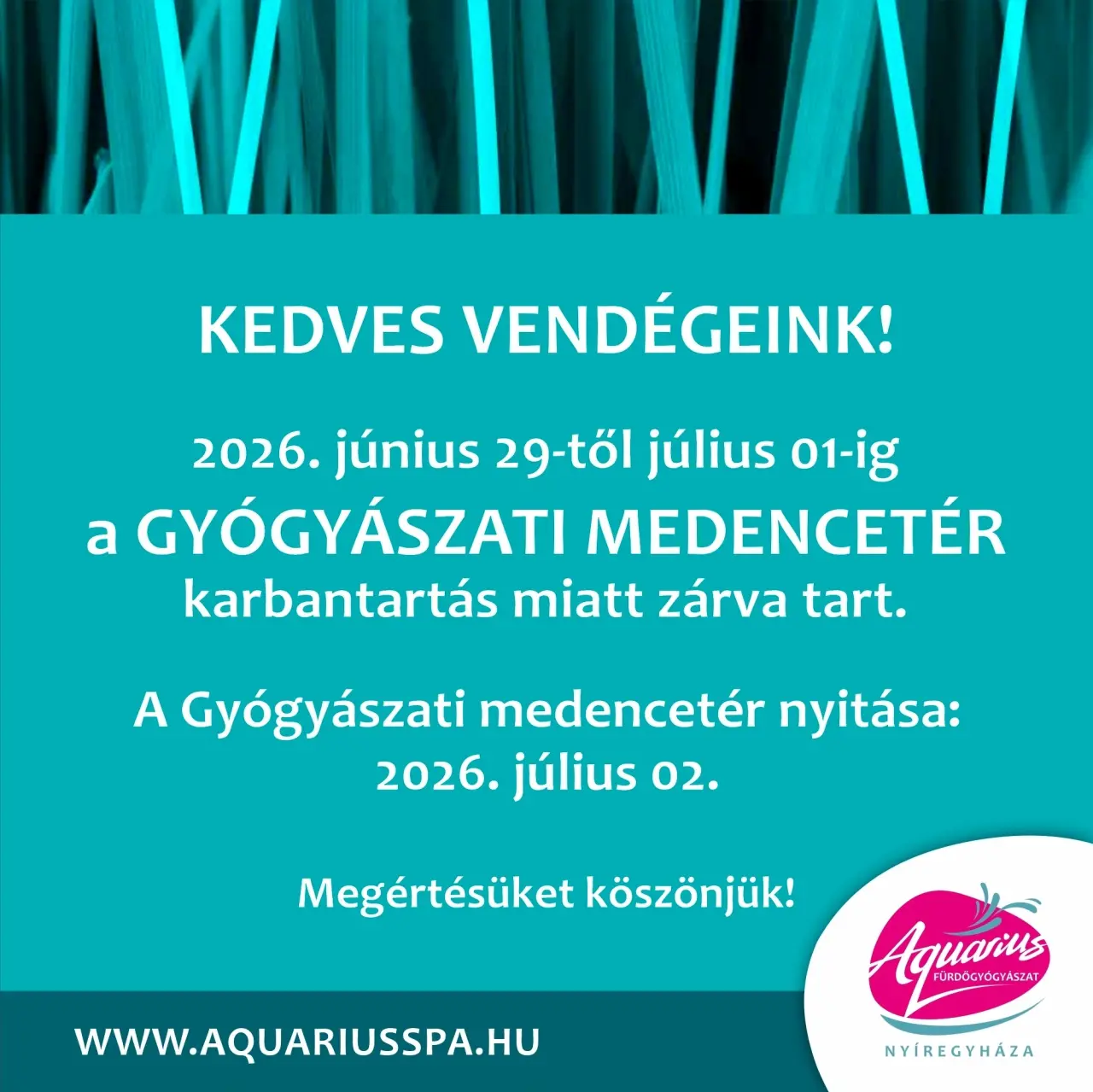Gyógyászati medencetér karbantartás miatt zárva tart!