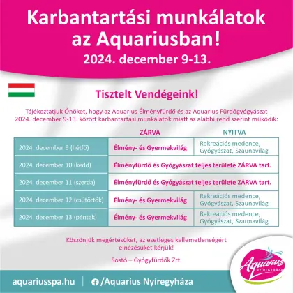 Maintenance work at Aquarius from December 9-13, 2024.