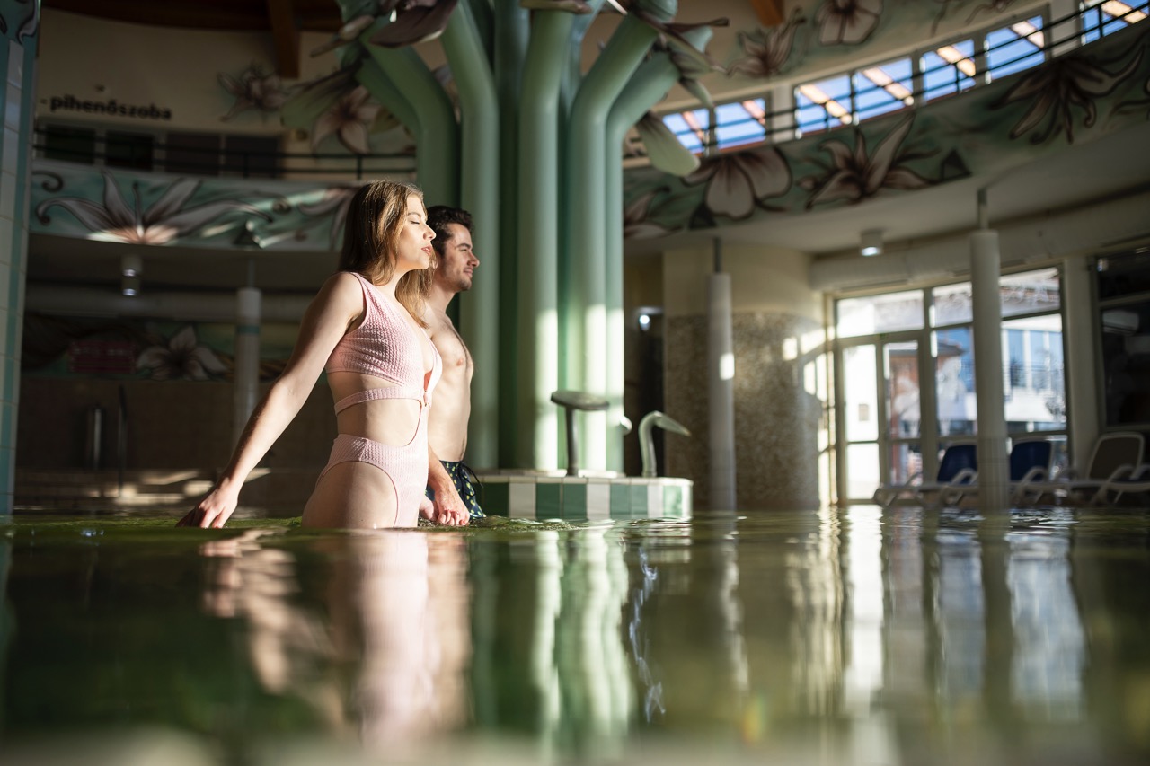 Covered thermal water pool, underfloor blowing lounger, 6 neck showers